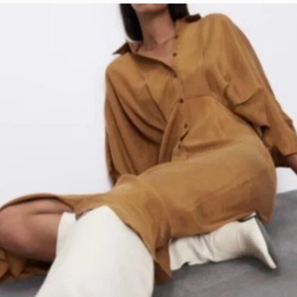 Zara pleated midi shirt dress midi toffee button down dress XS - Picture 2 of 12